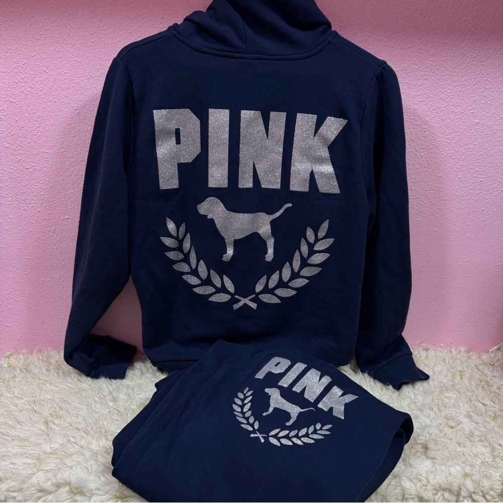 PINK Victoria's Secret Navy Blue and Silver Glitter Hoodie and Joggers Set